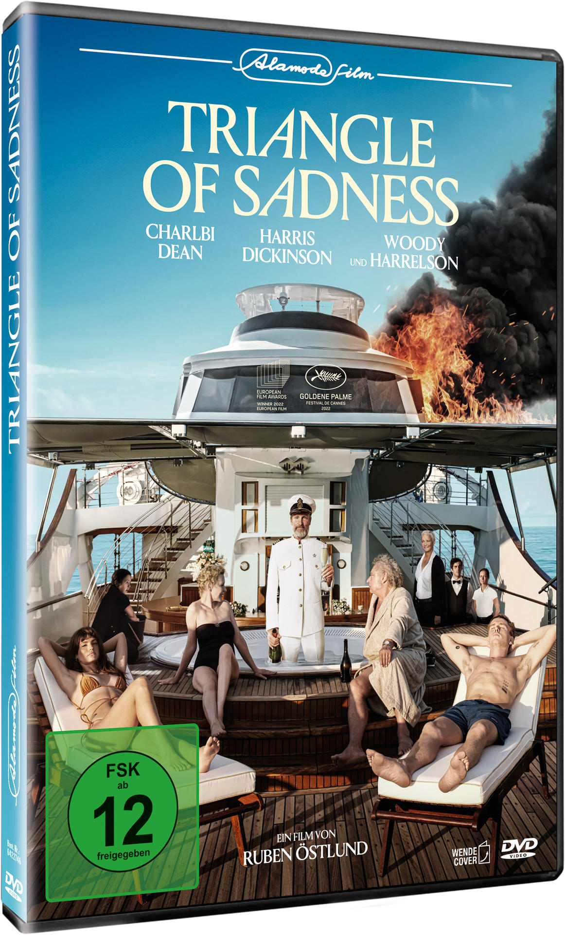 DVD-Cover für "Triangle of Sadness" mit Schauspielern und einer Yacht-Szene.