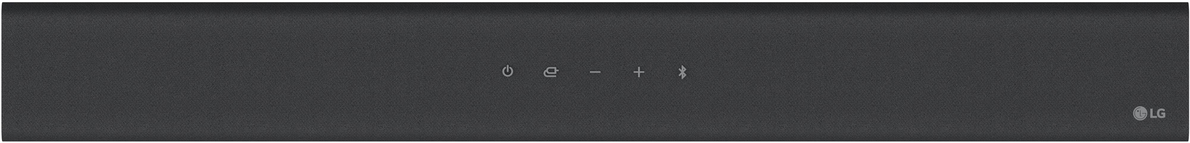 Schwarze Soundbar, Draufsicht. Strom-, Stumm-, Lautstärke- und Bluetooth-Symbole. Grauer Hintergrund.