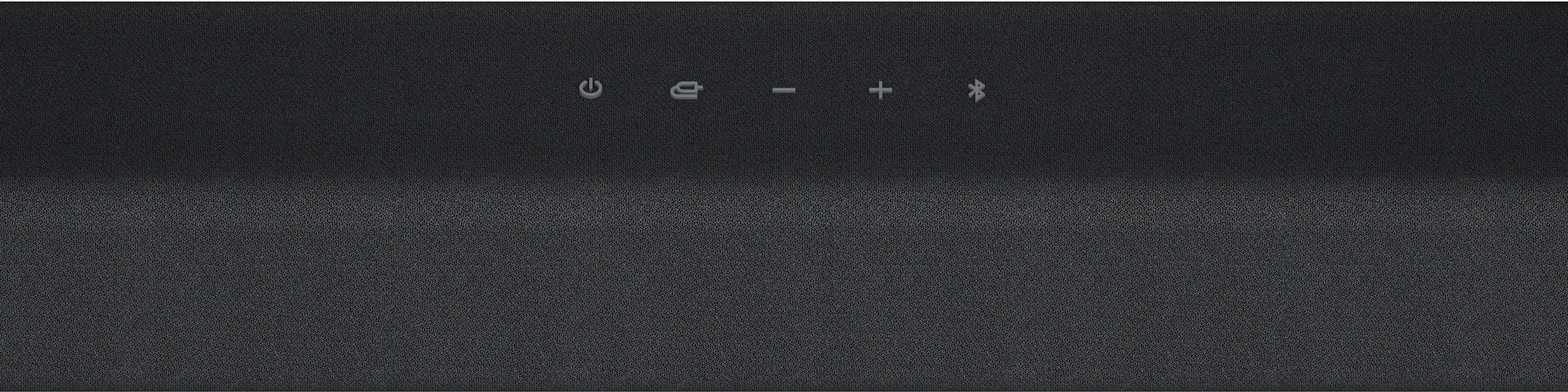 Eine dunkelgraue Soundbar mit Ein-/Aus-, Lautstärke- und Bluetooth-Tasten oben.