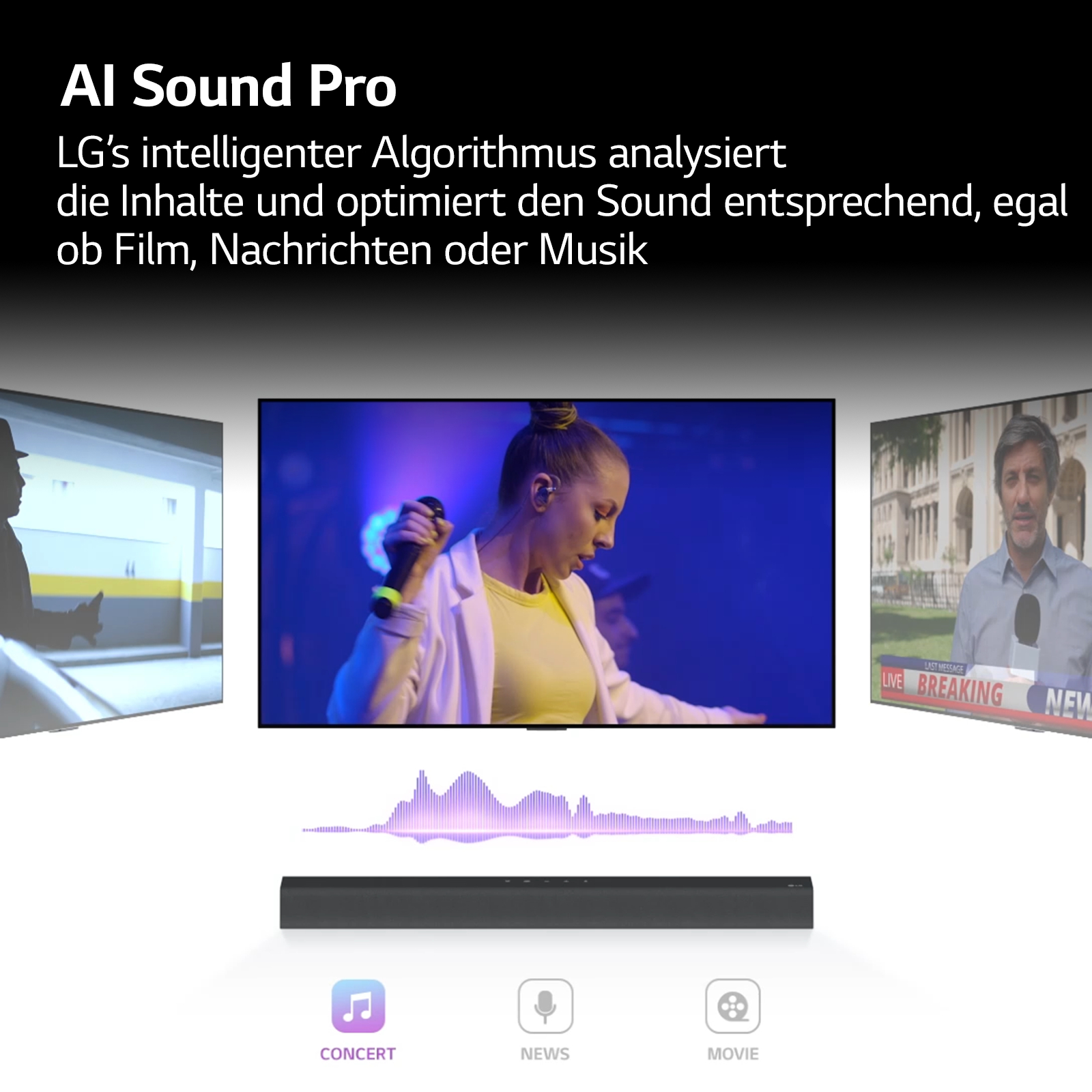 Bild eines Fernsehers mit drei Panels, die unterschiedliche Inhalte anzeigen, mit einer Soundbar darunter.