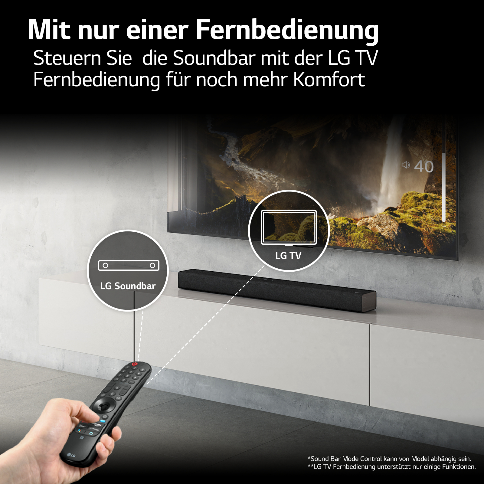 Hand hält Fernbedienung, steuert LG Soundbar und TV. TV zeigt Wasserfall.