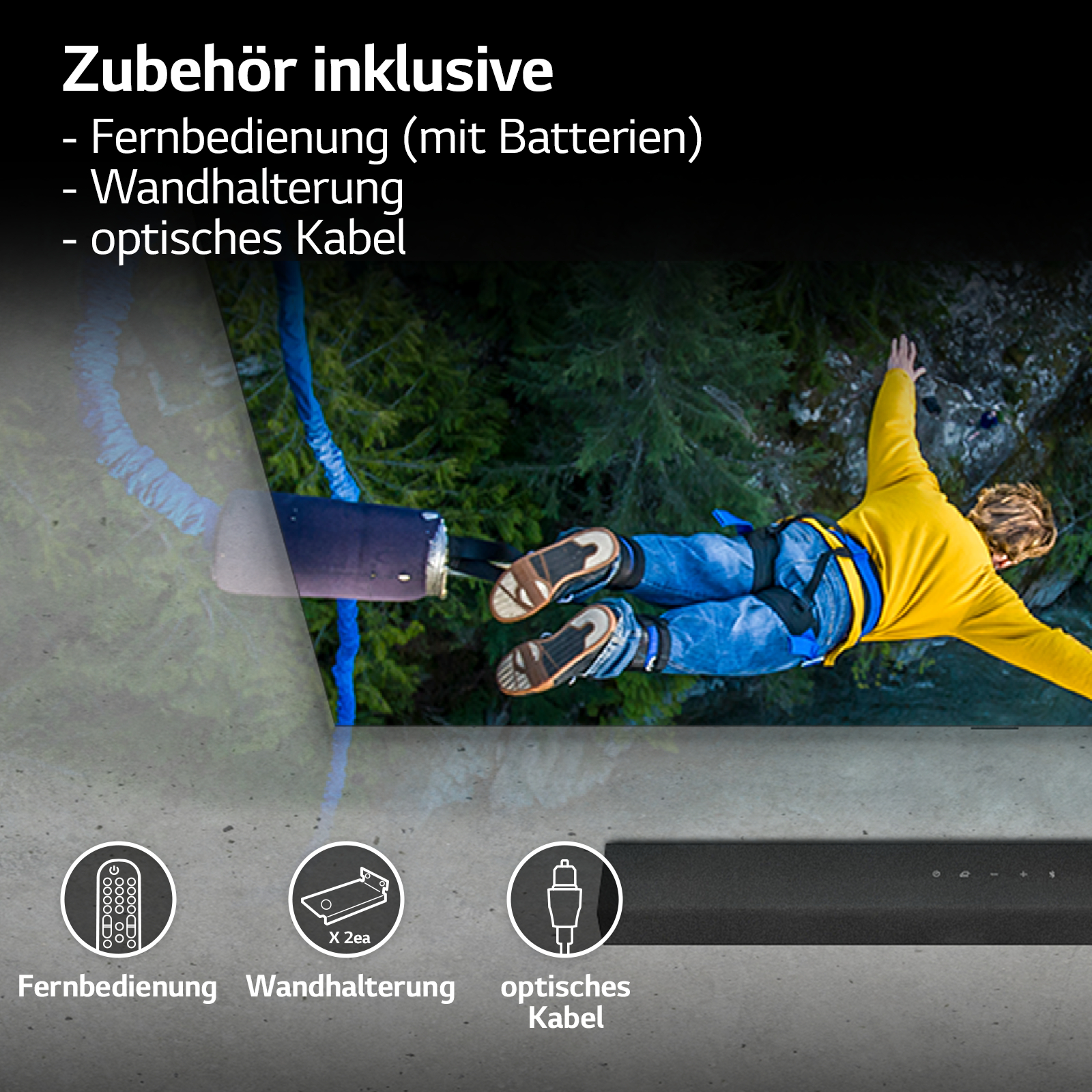 Ein Mann beim Bungee-Jumping, Zubehör wird mit Text angezeigt.