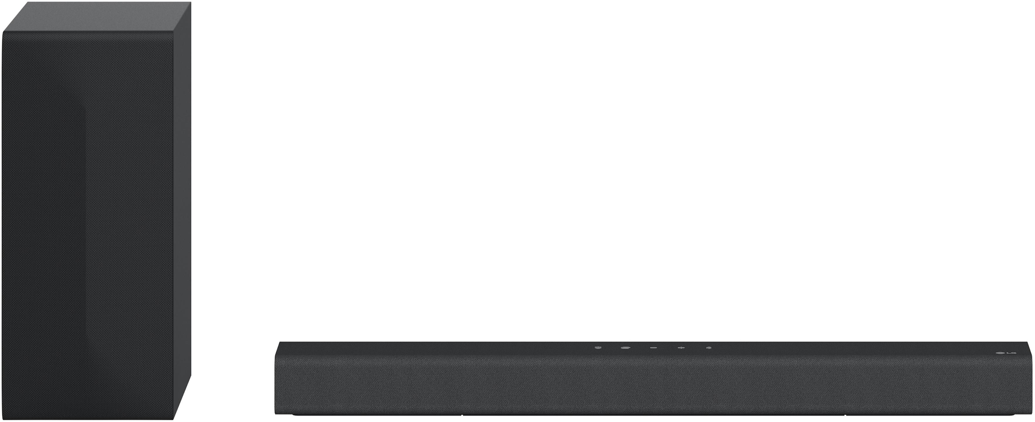 Schwarze Soundbar und ein Subwoofer auf weißem Hintergrund. Die Soundbar hat mehrere Knöpfe und ein Display.