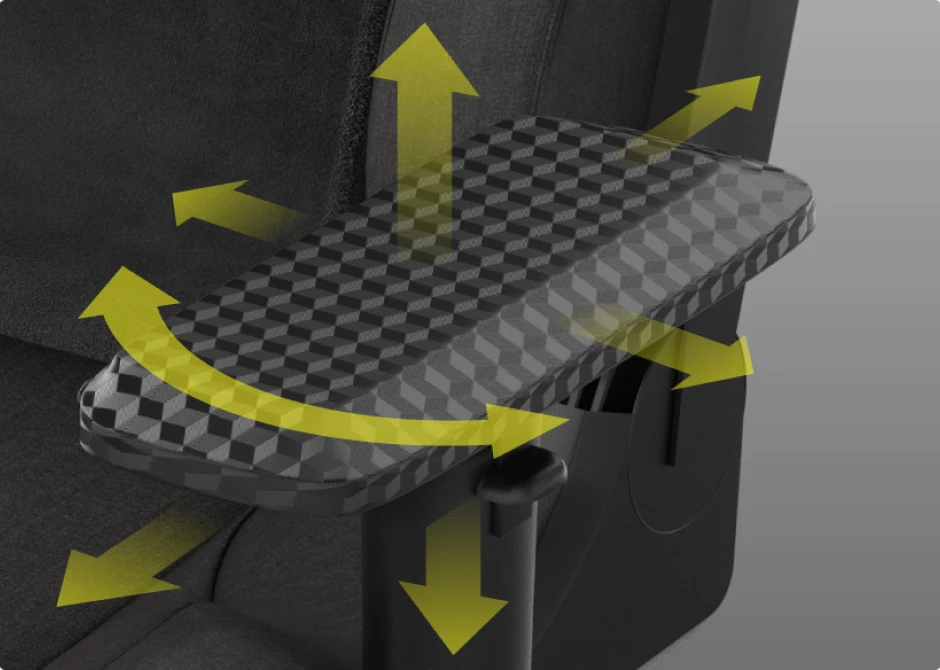 Gaming chair armrest with adjustable angles. The armrest has a patterned surface. Arrows show movement.