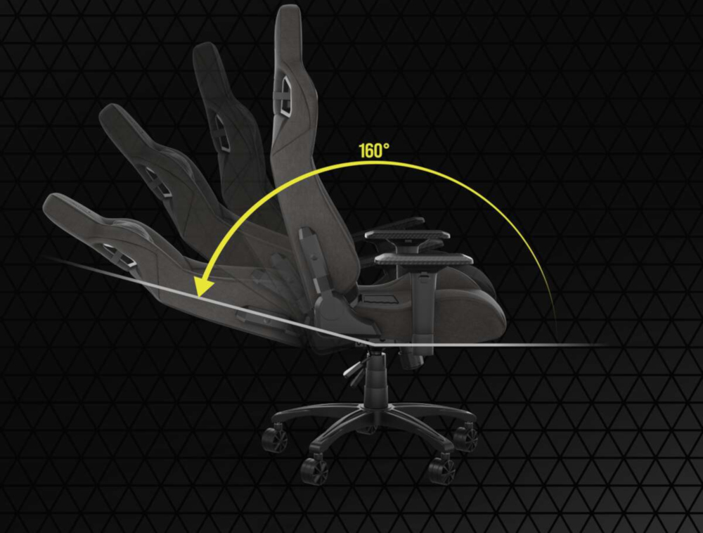A grey gaming chair reclined at 160 degrees, set against a black diamond pattern.