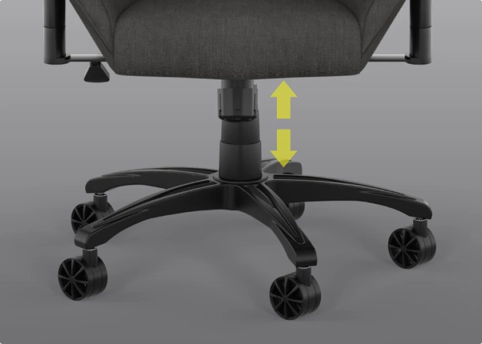 Office chair's base, wheels, and adjustment bar. The arrows show the height adjustment. Black and grey.