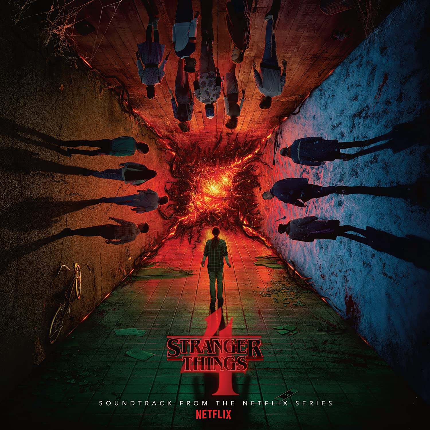 A 'Stranger Things' album borítója. Egy folyosót mutat, emberekkel, és egy alak a fény felé sétál.