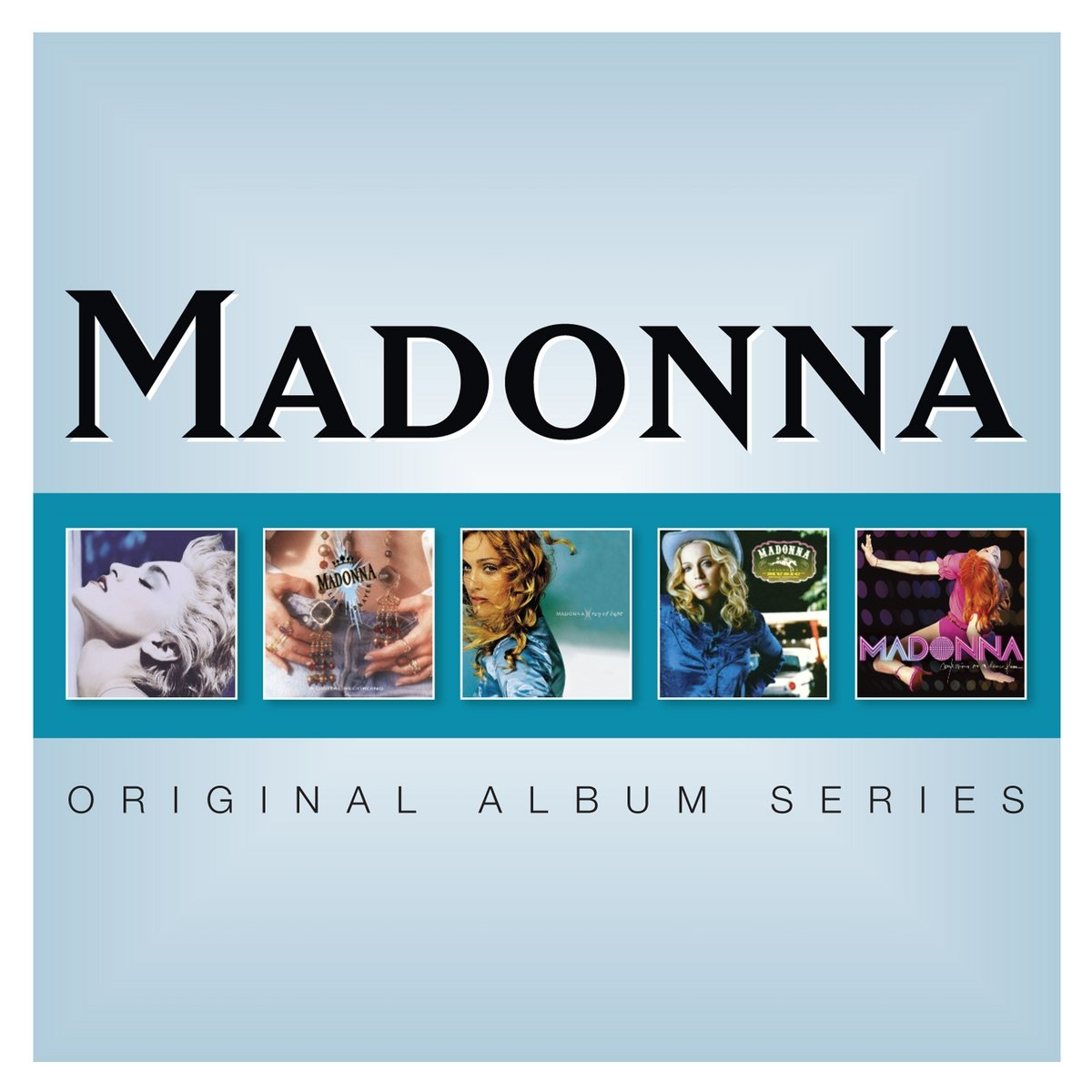 A 'Madonna' album borítója, több borítóval és szöveggel kék háttéren.