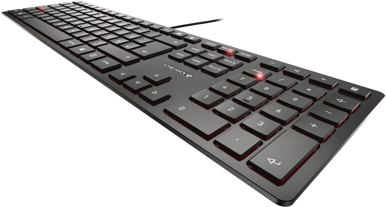 Schwarze Tastatur mit roten Tasten und Lichtern, schräge Ansicht auf weißem Grund.