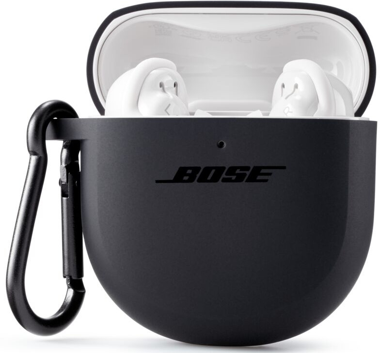Écouteurs Bose noirs dans un étui noir avec un mousqueton.