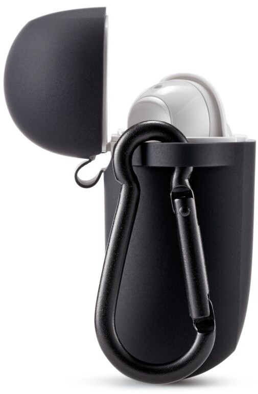 Un étui d'écouteurs noir avec un mousqueton noir attaché, l'étui étant ouvert.