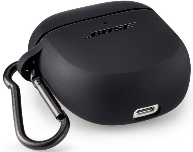 Un étui d'écouteurs Bose noir avec un mousqueton.