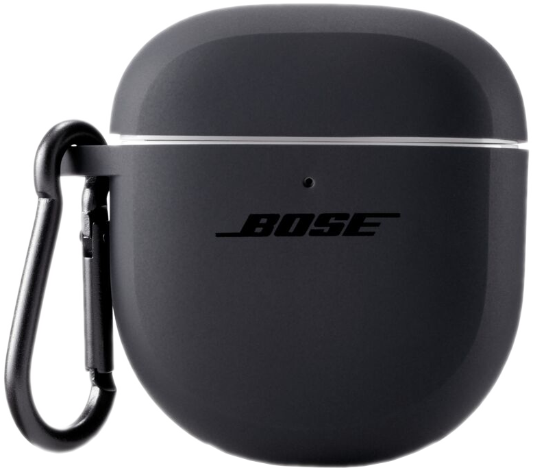 Étui noir pour écouteurs Bose avec mousqueton argenté. Le logo Bose est imprimé.