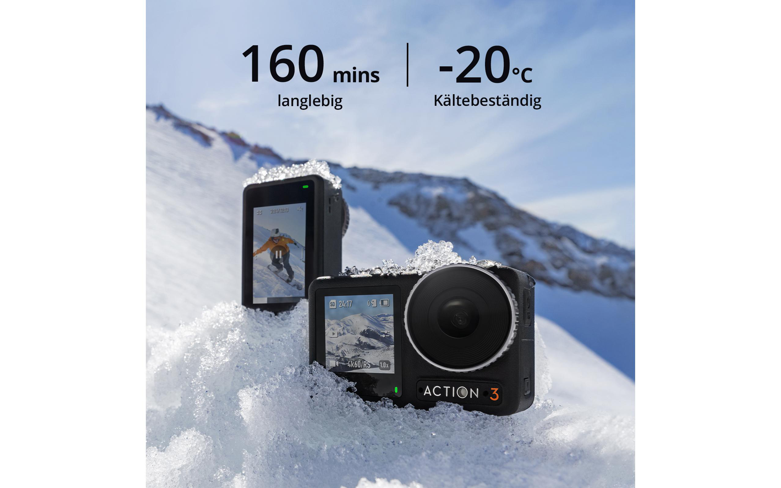 Zwei Action-Kameras im Schnee, mit Text zu Batterie und Temperatur.