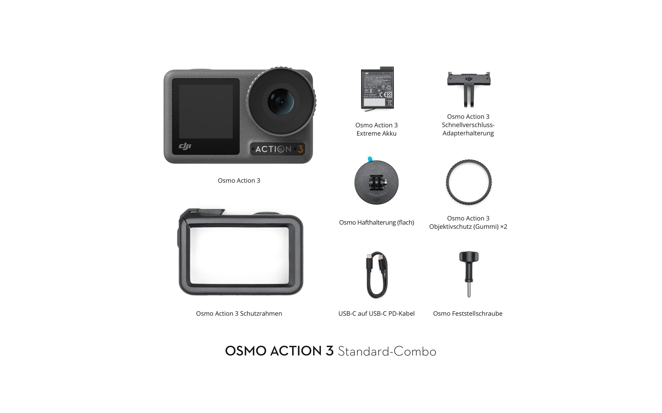 DJI Osmo Action 3 Kamera und Zubehör auf weißer Oberfläche angeordnet, mit Textbeschriftungen.