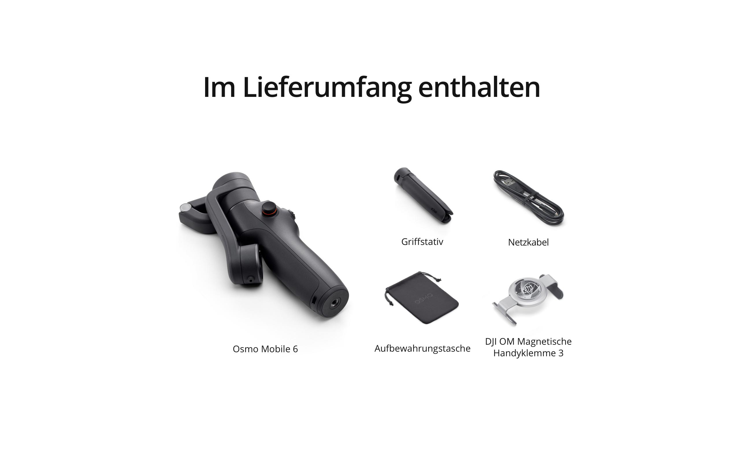 Ein Bild, das den Inhalt eines Pakets zeigt, einschließlich eines Gimbals, Ladegeräts und Koffers.