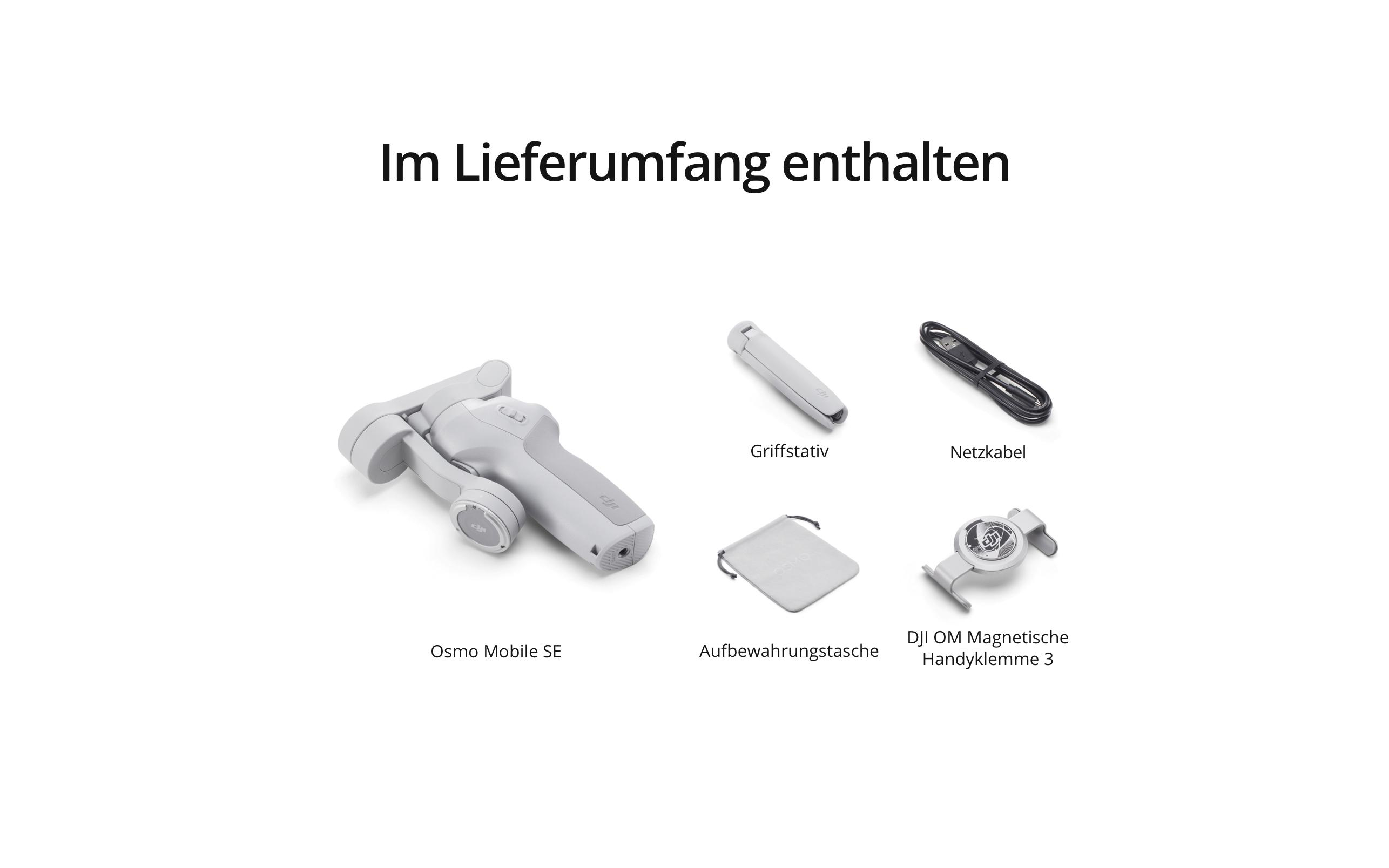 Weißer Hintergrund mit DJI Osmo Mobile SE, Griffstativ, Netzkabel und mehr.