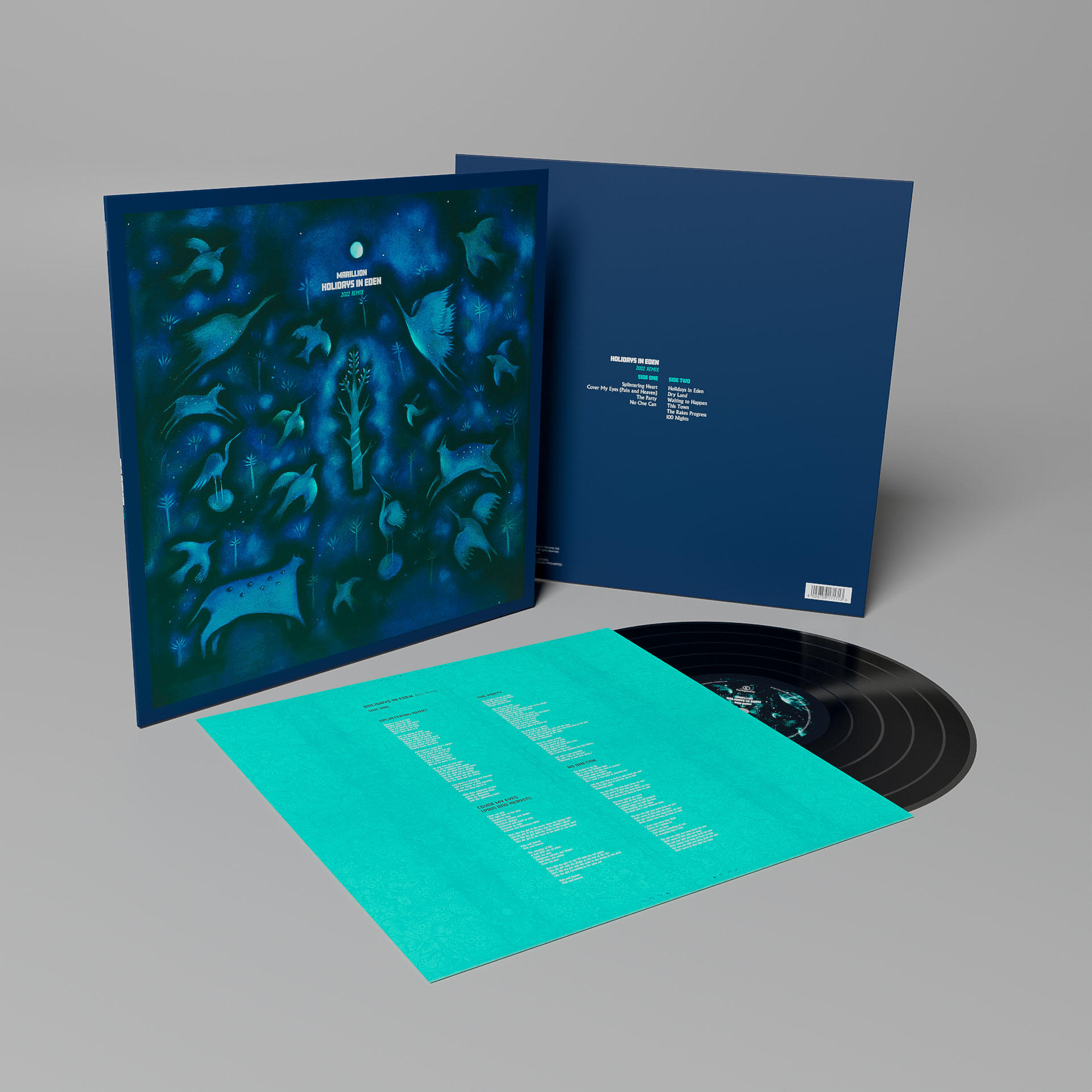Albumcover und geöffnete Schallplatte. Blauer Umschlag mit Vögeln, Text und einer türkisfarbenen Innenhülle. Grauer Hintergrund.