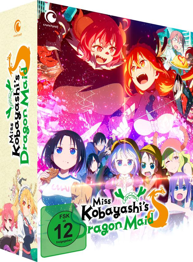 Anime-DVD-Box-Art mit bunten Charakteren. Der Titel ist 'Miss Kobayashi's Dragon Maid' auf Japanisch.