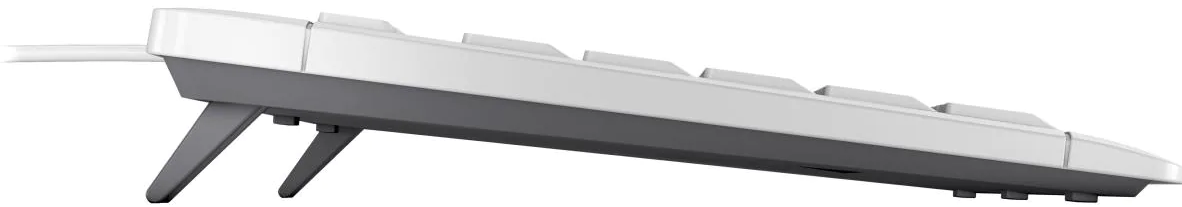 Vue latérale d'un clavier blanc et gris. Les touches sont blanches et la base grise. Il possède deux pieds pour l'élévation.