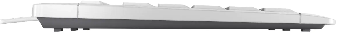 Vue latérale d'un clavier blanc et gris. Les touches sont blanches, la base est grise et un câble sort du côté gauche.