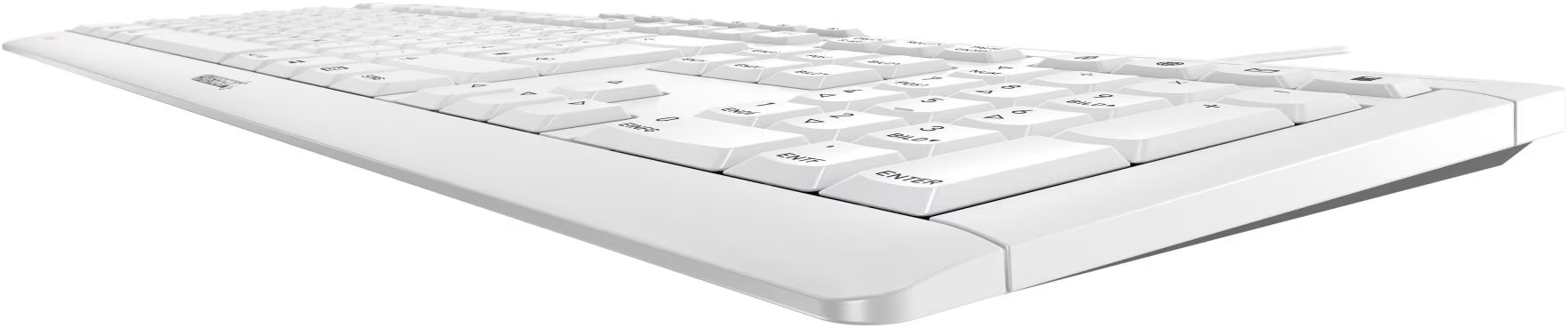 Un clavier blanc incliné en bas à gauche. Les touches sont blanches avec du texte noir. La base est également blanche.
