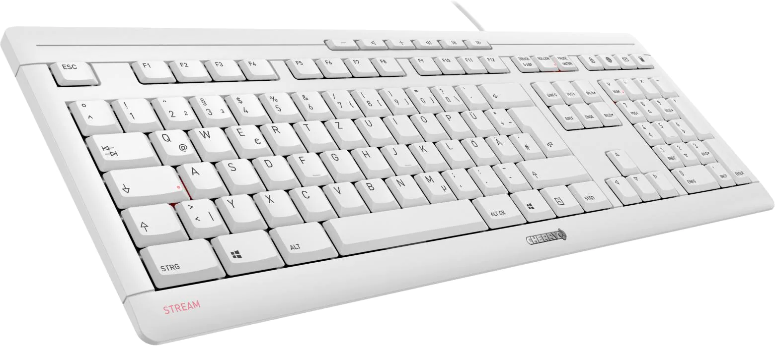 Un clavier Cherry blanc. Disposition standard avec touches de fonction, pavé numérique et logo Cherry. Texte Stream visible.