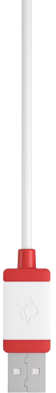 Un câble USB blanc avec un connecteur rouge en haut et un connecteur USB en bas. Le câble a un logo de cœur.