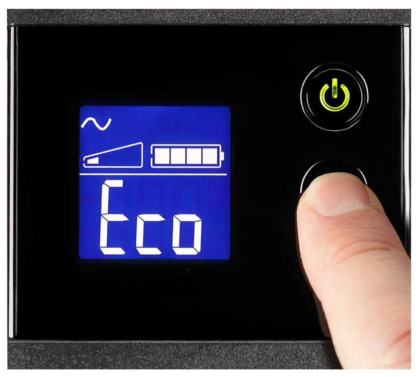 Egy digitális kijelző közelképe, amely egy Eco mód ikont és az akkumulátor szintjét mutatja.