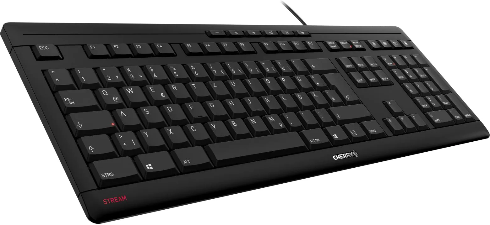 Schwarze Cherry Stream-Tastatur mit weißen Buchstaben. Rotes 'STREAM'-Logo links unten.