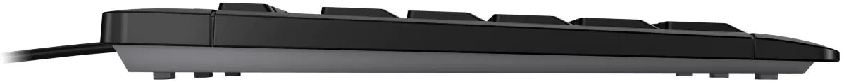 Seitenansicht einer schwarzen Tastatur. Zeigt die Tasten, den Körper und das Kabel. Es steht auf einer hellgrauen Basis.