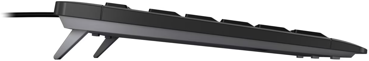 Seitenansicht einer schwarzen Tastatur mit grauen Akzenten und verstellbaren Beinen. Ein schwarzes Kabel erstreckt sich von links oben.