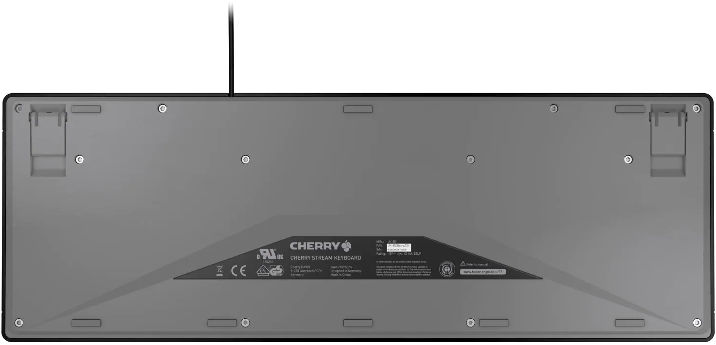 Unteransicht einer grauen Tastatur. Sie hat ein Cherry-Logo und Stream Keyboard-Text. Enthält Etiketten, Schrauben und ein schwarzes Kabel.