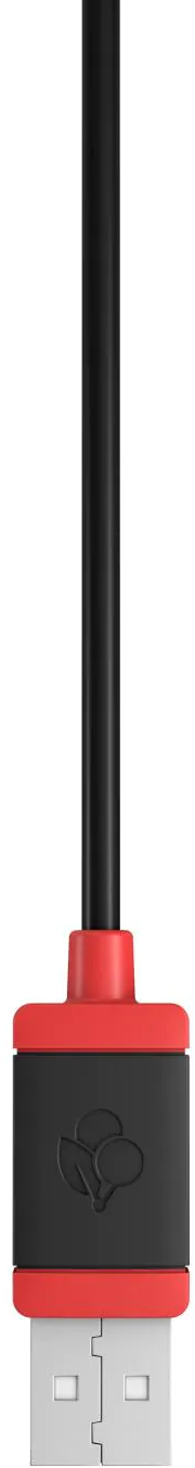 Ein schwarzes USB-Kabel mit einem rot-schwarzen Stecker. Das USB-Ende ist weiß. Logo befindet sich auf dem Stecker.