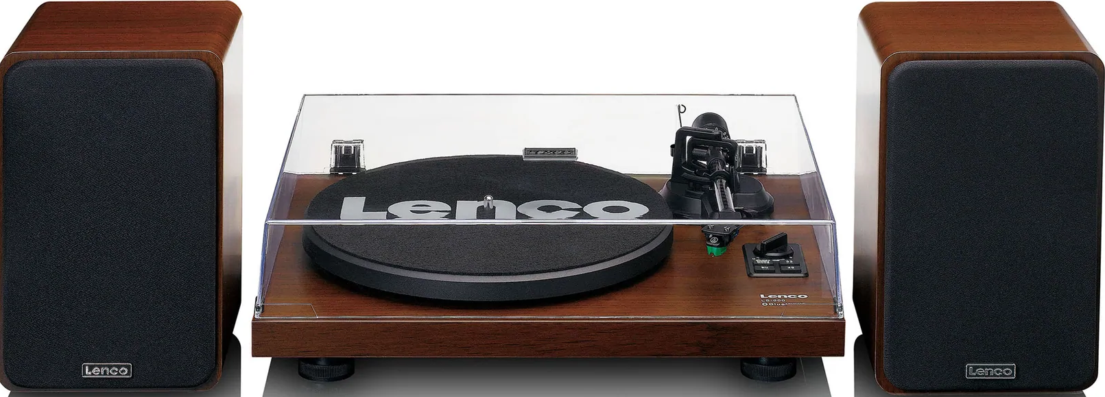 Lenco Plattenspieler. Holzoberfläche, transparente Abdeckung, Lautsprecher auf beiden Seiten.