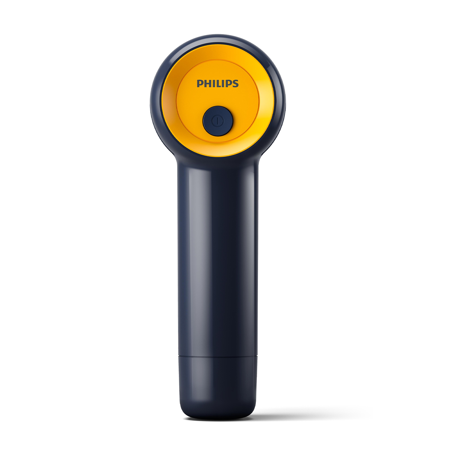 Un dispositivo Philips portatile, blu e giallo, con un pulsante di accensione. Lo sfondo è bianco.