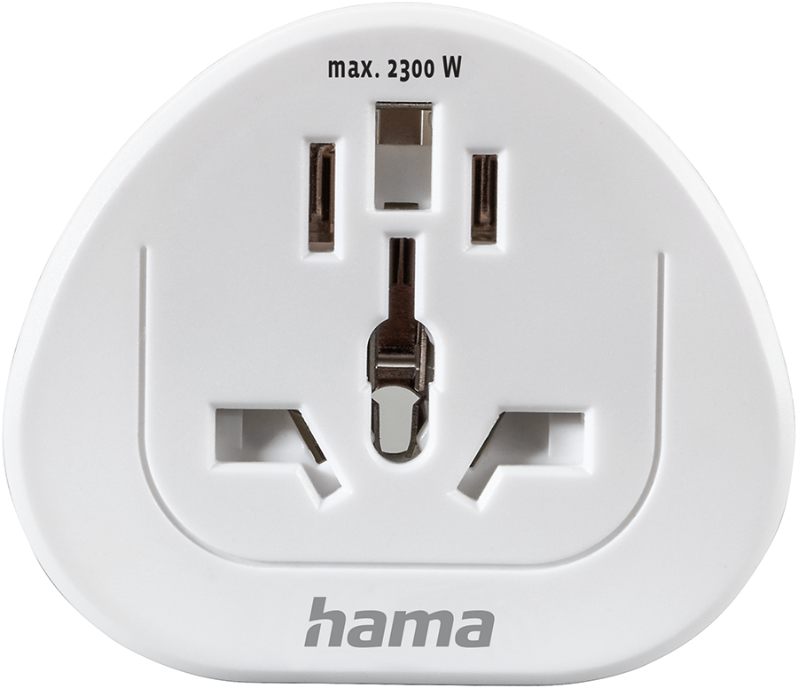 White travel adapter with multiple plug configurations. It has the max. 2300 W marking and the 'hama' logo.