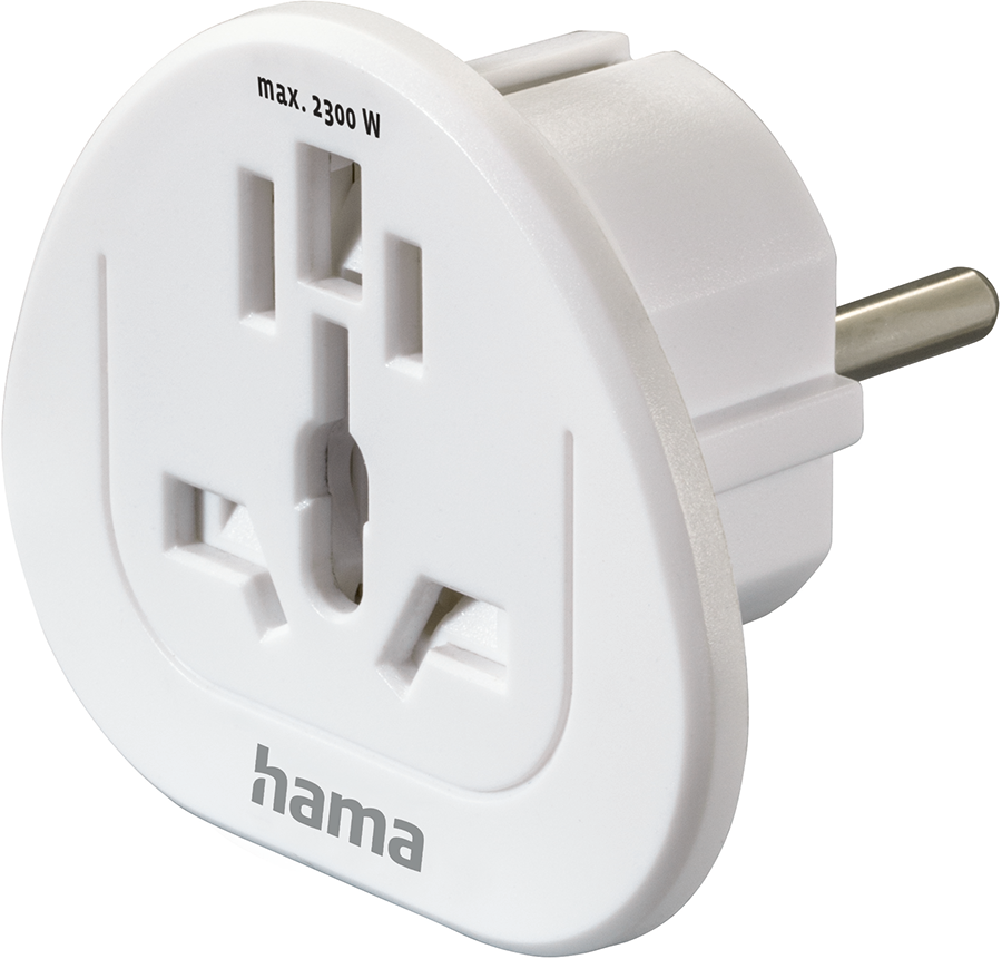 White travel adapter with multiple sockets. The adapter has a plug and it's labeled 'max. 2300 W'.