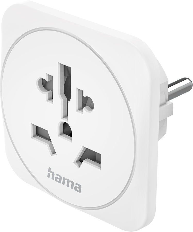 White universal travel adapter with multiple outlet configurations. Hama brand name is visible.