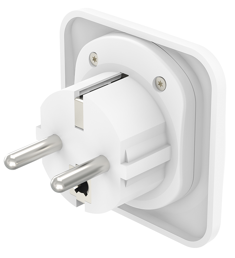 A white plug with two metal pins and a square border is shown from a high angle.
