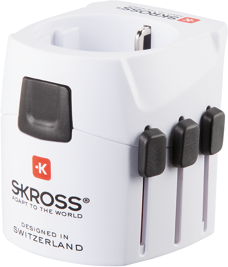 White travel adapter with black buttons. The brand is SKROSS. Designed in Switzerland. White background.