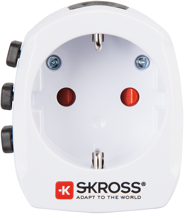 A white travel adapter with three black knobs and two red pin holes. SKROSS logo is at the bottom.