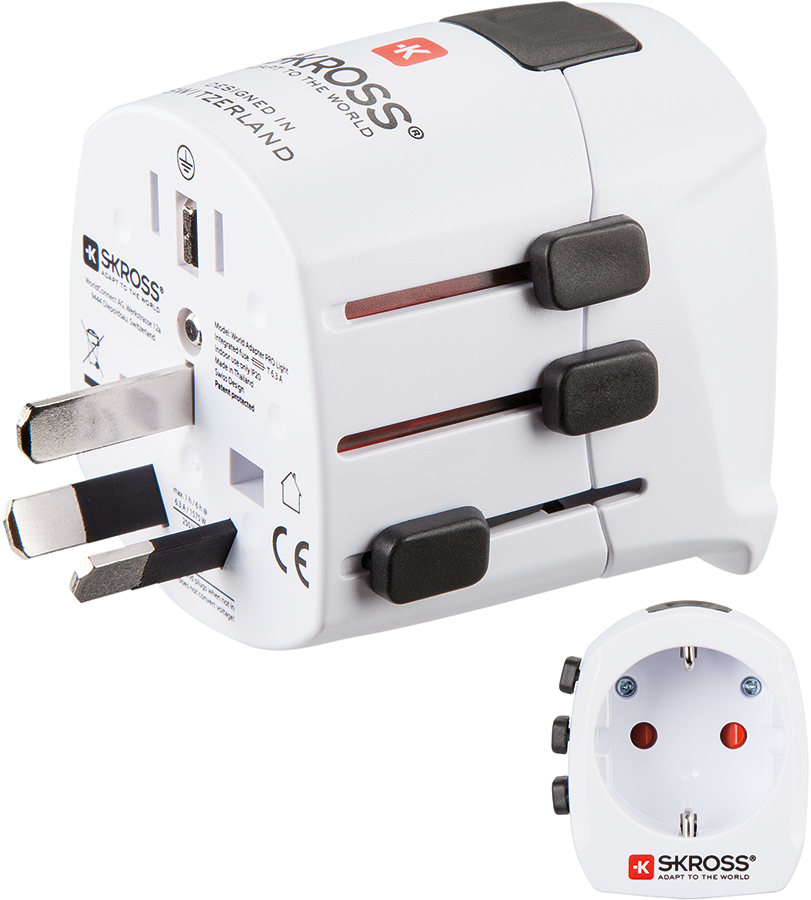 White travel adapter with multiple plug configurations. Includes an additional plug adapter.