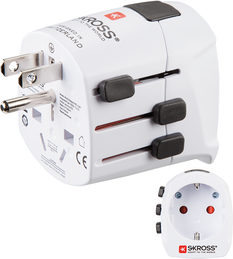 White universal travel adapter with multiple plugs and sockets. Includes a smaller adapter image.
