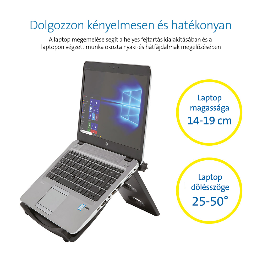 Laptop egy állványon, szöveggel a kényelmes és hatékony munkáról, szög/magasság információkkal.