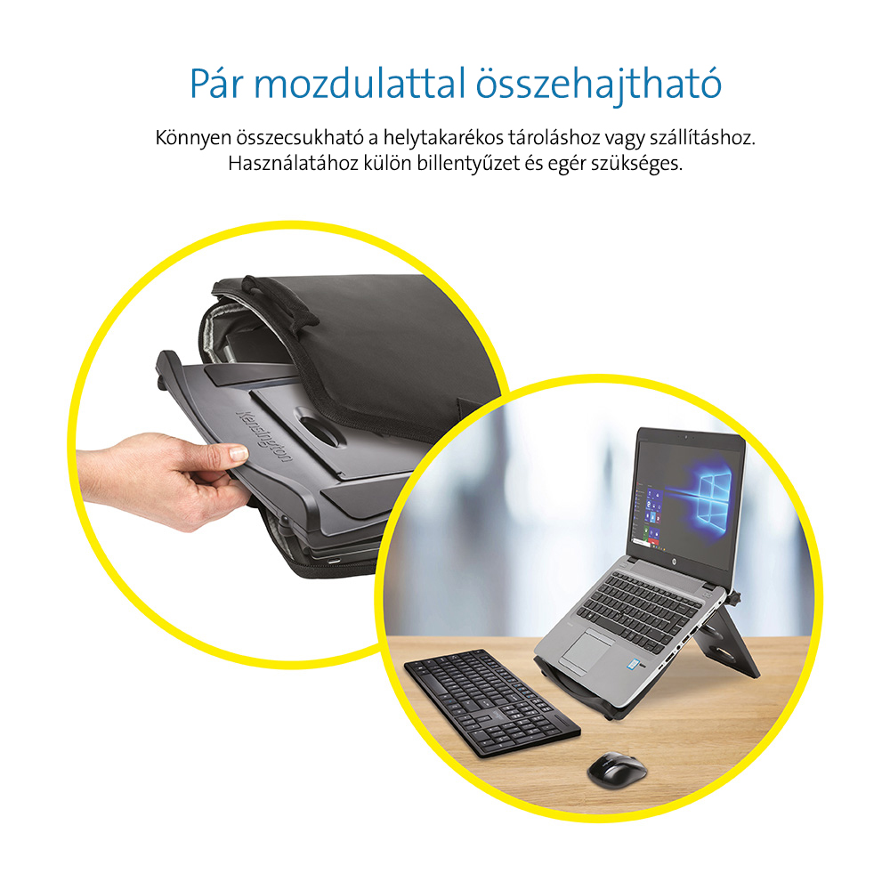 Összehajtható laptop állvány. Személy hajtja össze az állványt, laptop, egér és billentyűzet az asztalon.