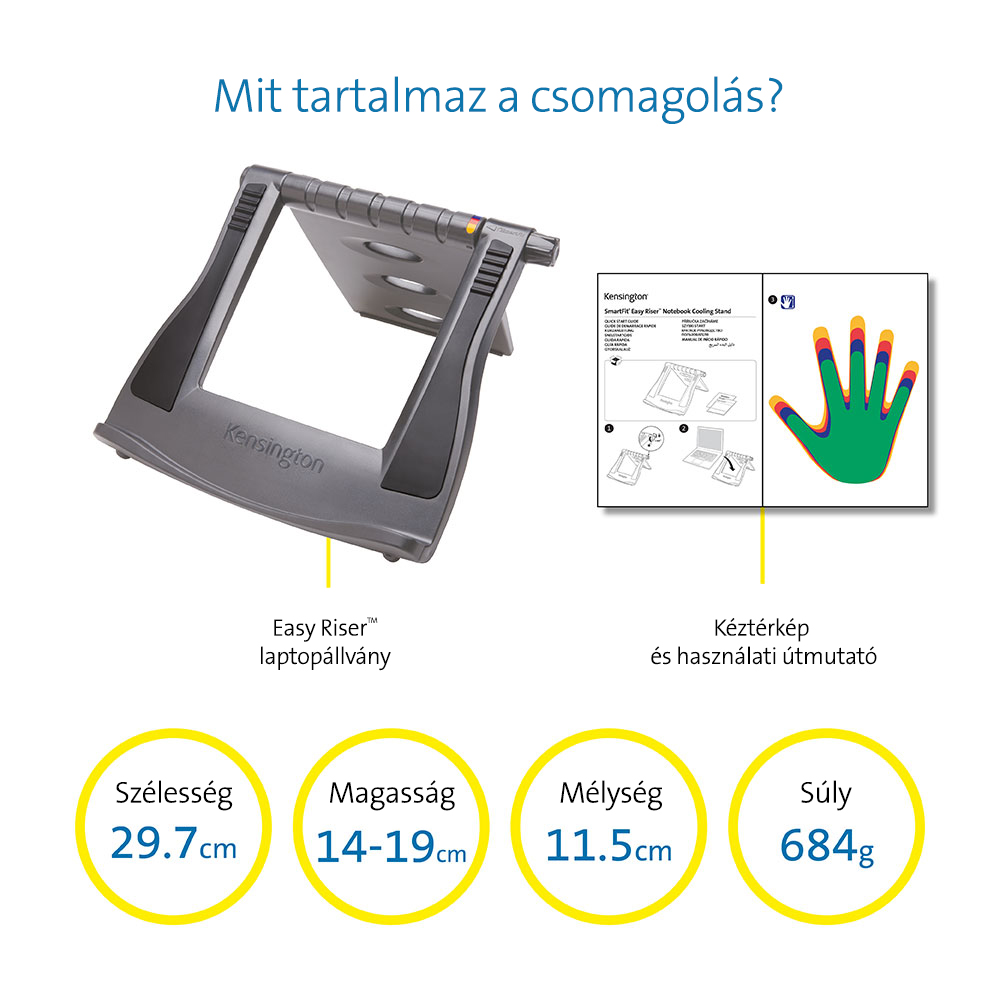 Szürke laptop állvány méretekkel. Egy színes kéz és magyar nyelvű szöveg.