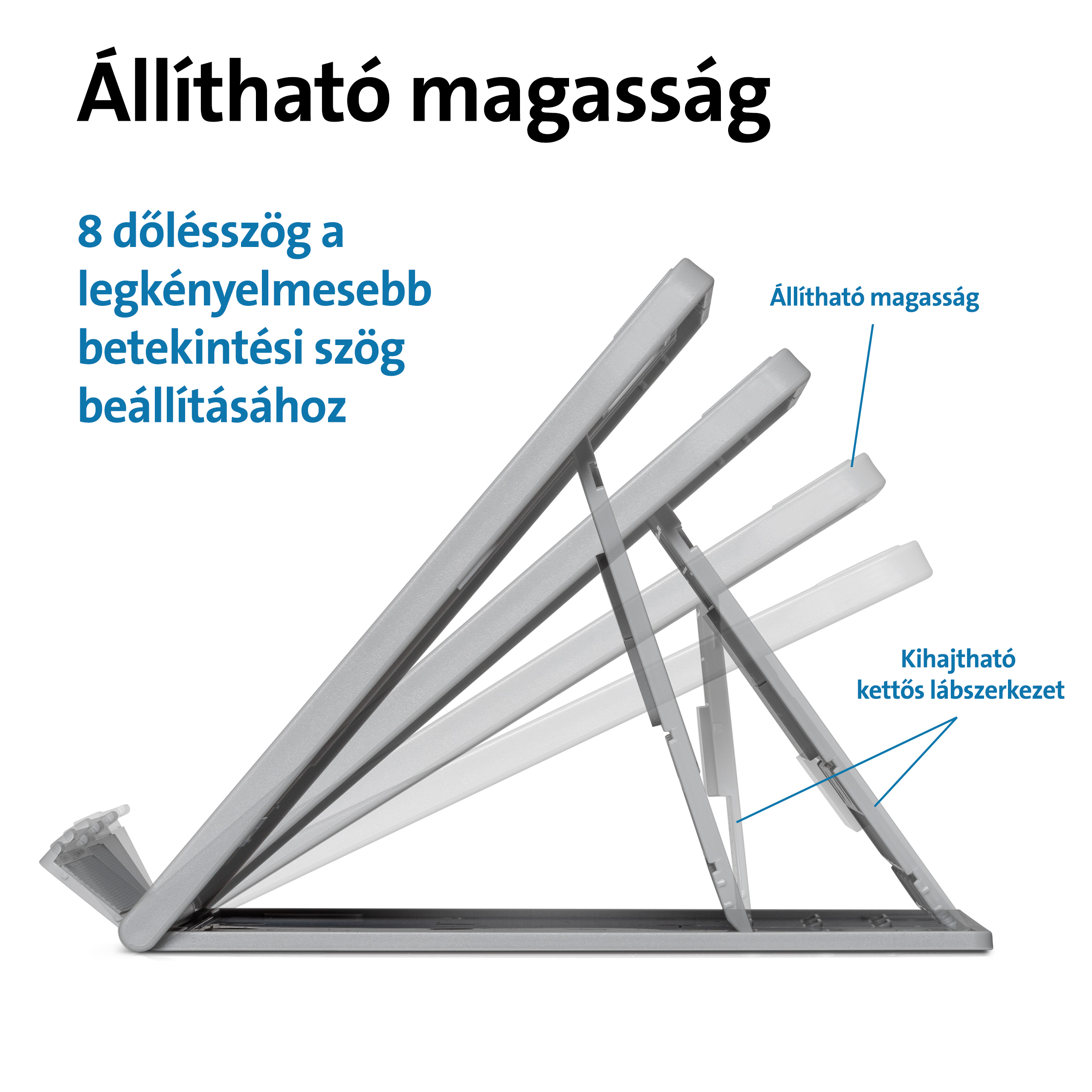 Egy eszköztartó, állítható magassággal és kétlábú kialakítással, szöveggel.