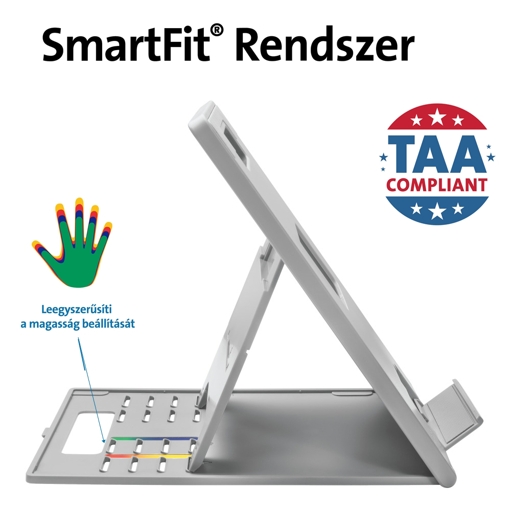 Fehér készülék kézzel és a 'SmartFit Rendszer' felirattal. Színkódolt beállító rendszerrel rendelkezik.