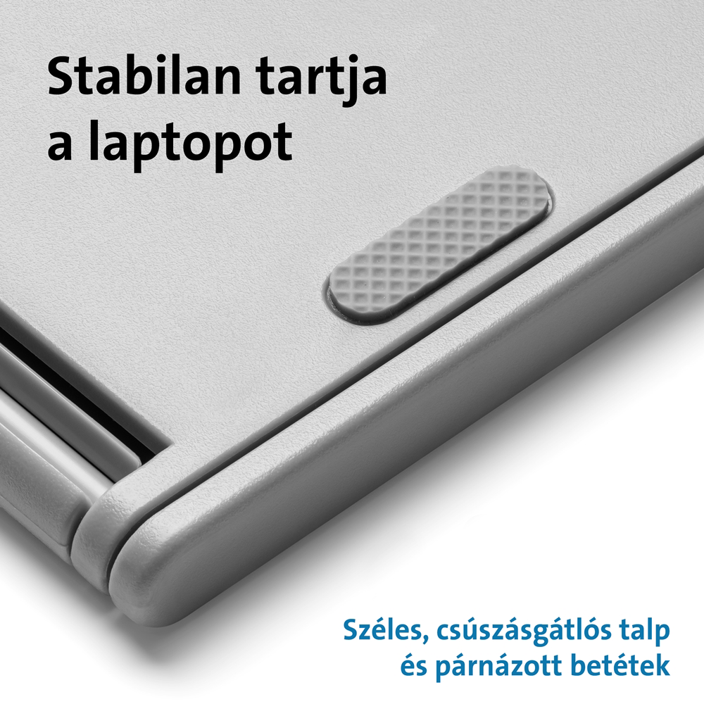 Egy szürke laptop alaplapjának közeli képe gumimarkolattal. Magyar felirat: 'Stabilan tartja a laptopot'.